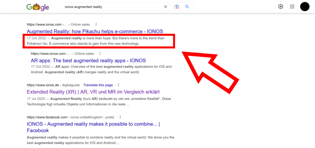 google search result with ionos example